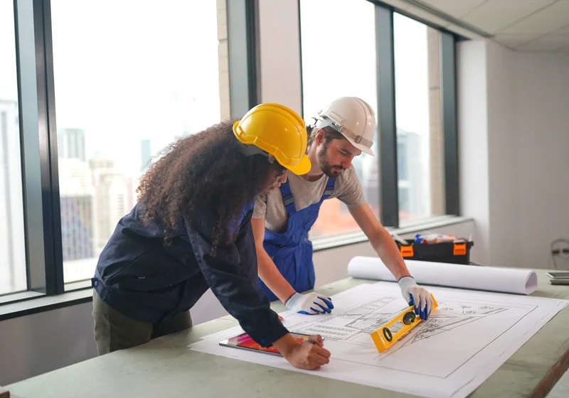 Builder wearing safety gear standing at a construction site, overseeing work in progress.