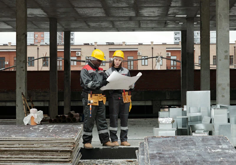 Two builders reviewing a sketch of a new construction project while discussing plans on site.